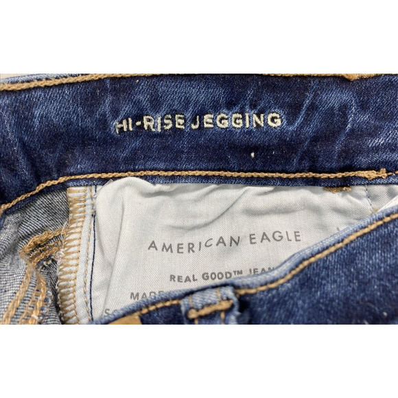 American Eagle Jeans Womens Size 4R Hi Rise‎ Jegging Destroyed Dark Wash Denim - Picture 4 of 13